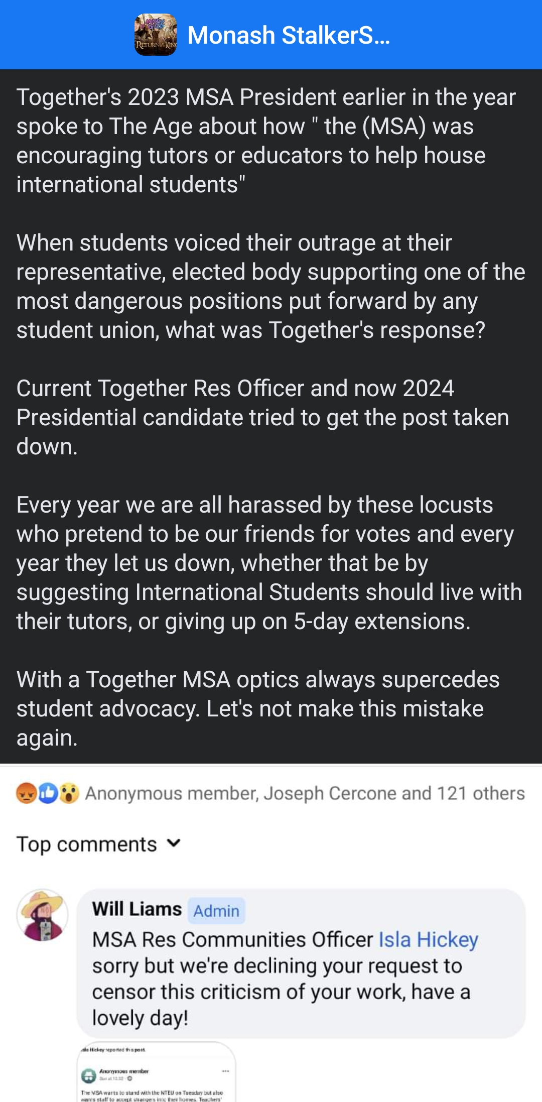 The 2023 Residential Communities Officer and Together's candidate for 2024 MSA President reported a Stalkerspace post criticising the 2023 MSA President for encouraging tutors to house international students in national media